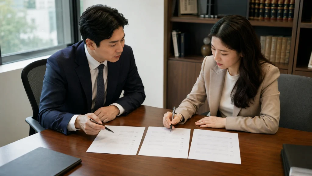 민사소송 변호사 선임 기준 준비 자료를 검토하는 모습